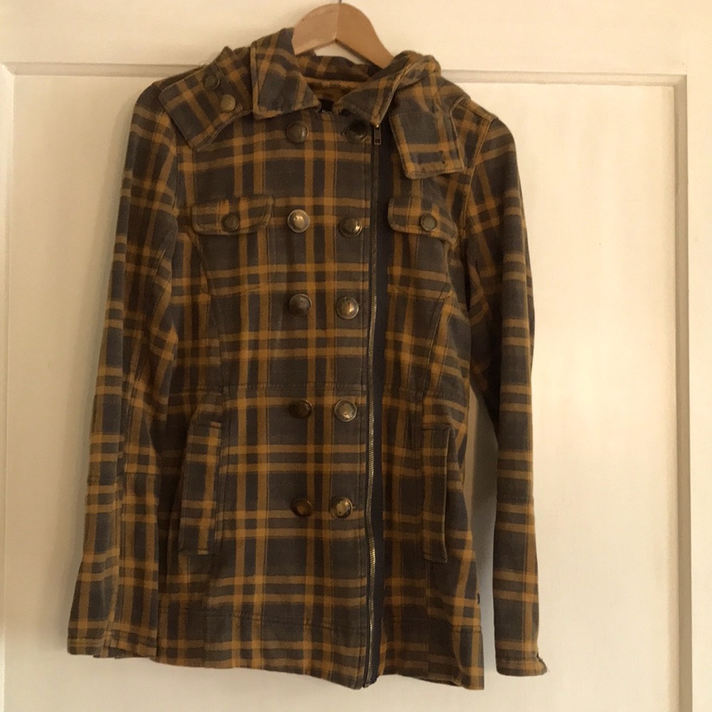 Hurley Gray & Mustard Plaid Jacket with Detachable Hood.